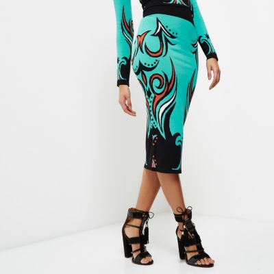 Turquoise intarsia knit pencil skirt